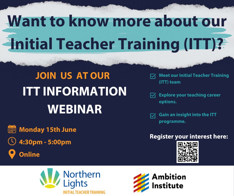 NLTSHub's tweet photo. Are you considering a career in teaching? 
Join us for an information webinar on Monday 15th June, 4:30pm-5:00pm, to  find out more about our Initial Teacher Training (ITT) programme, in partnership with Ambition Institute 🖥️🎓✏️. 
Register here: https://t.co/heFwWSw5ZX https://t.co/C0nN3EOTYD