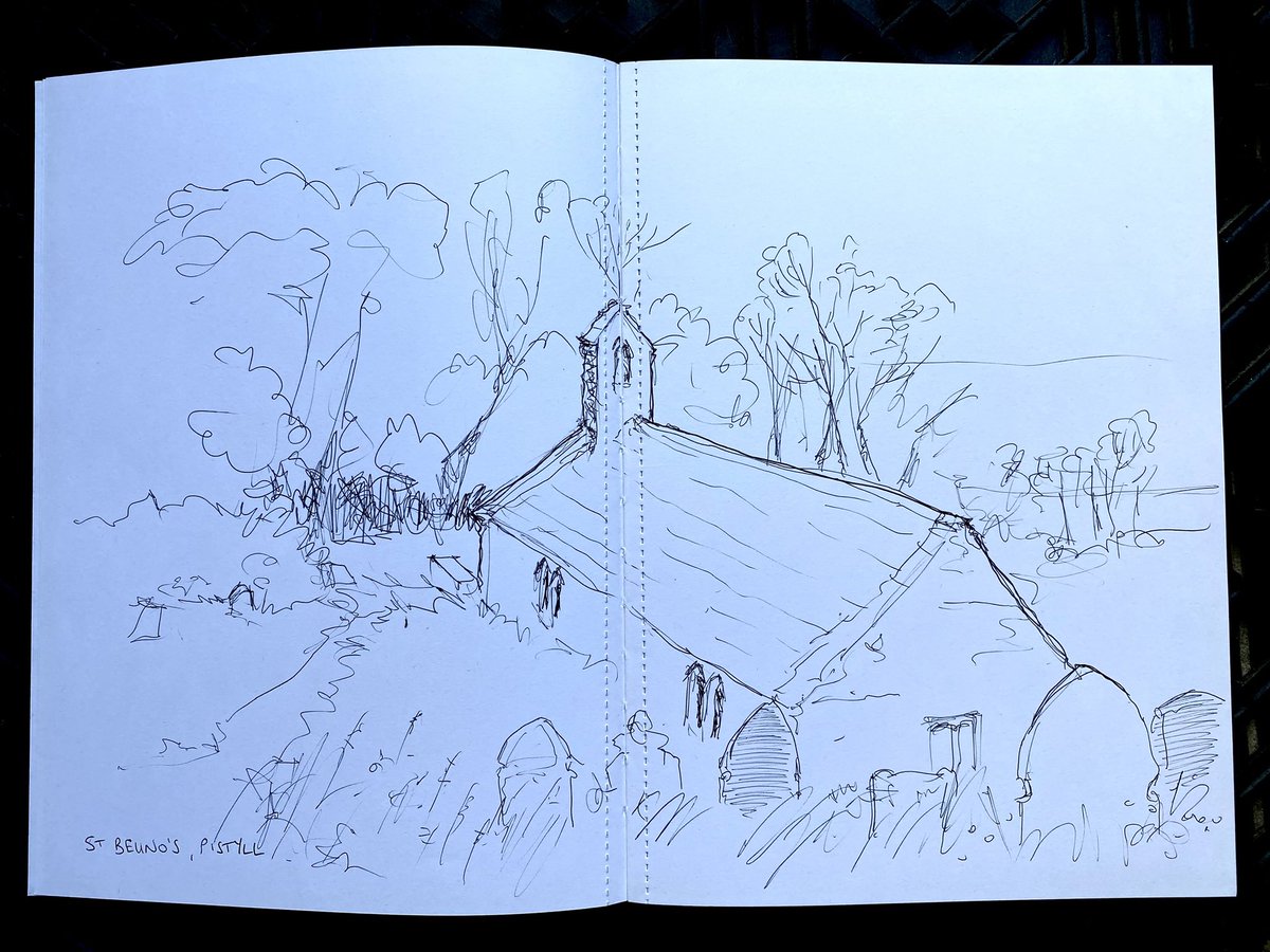 cobbybrook's tweet photo. The other day we visited the ancient church of St Beuno’s at Pistyll and I grabbed the opportunity to do this quick sketch from the edge of the churchyard. To the right, just off the page, is the grave of Rupert Davies, probably best known for playing BBC’s Maigret in the 1960s. https://t.co/YCrUw6TlW2