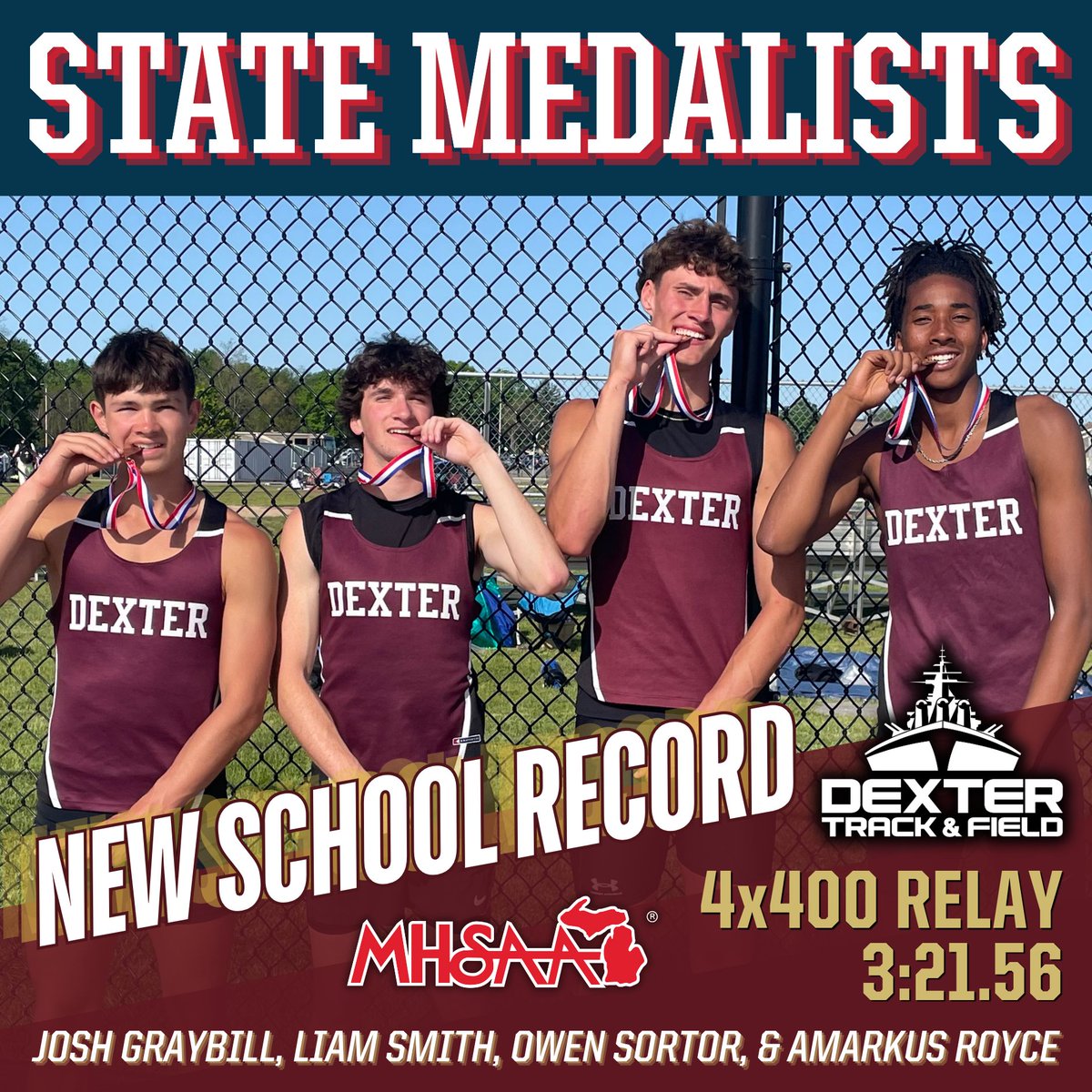DreadStrong's tweet photo. Congratulations to Josh Graybill, Liam Smith, Owen Sortor, and Amarkus Royce on taking 5th Place in the 4x400m Relay and setting a new school record at the Div. 1 MHSAA Track &amp; Field State Finals this weekend! https://t.co/6Pe21fyl7K
