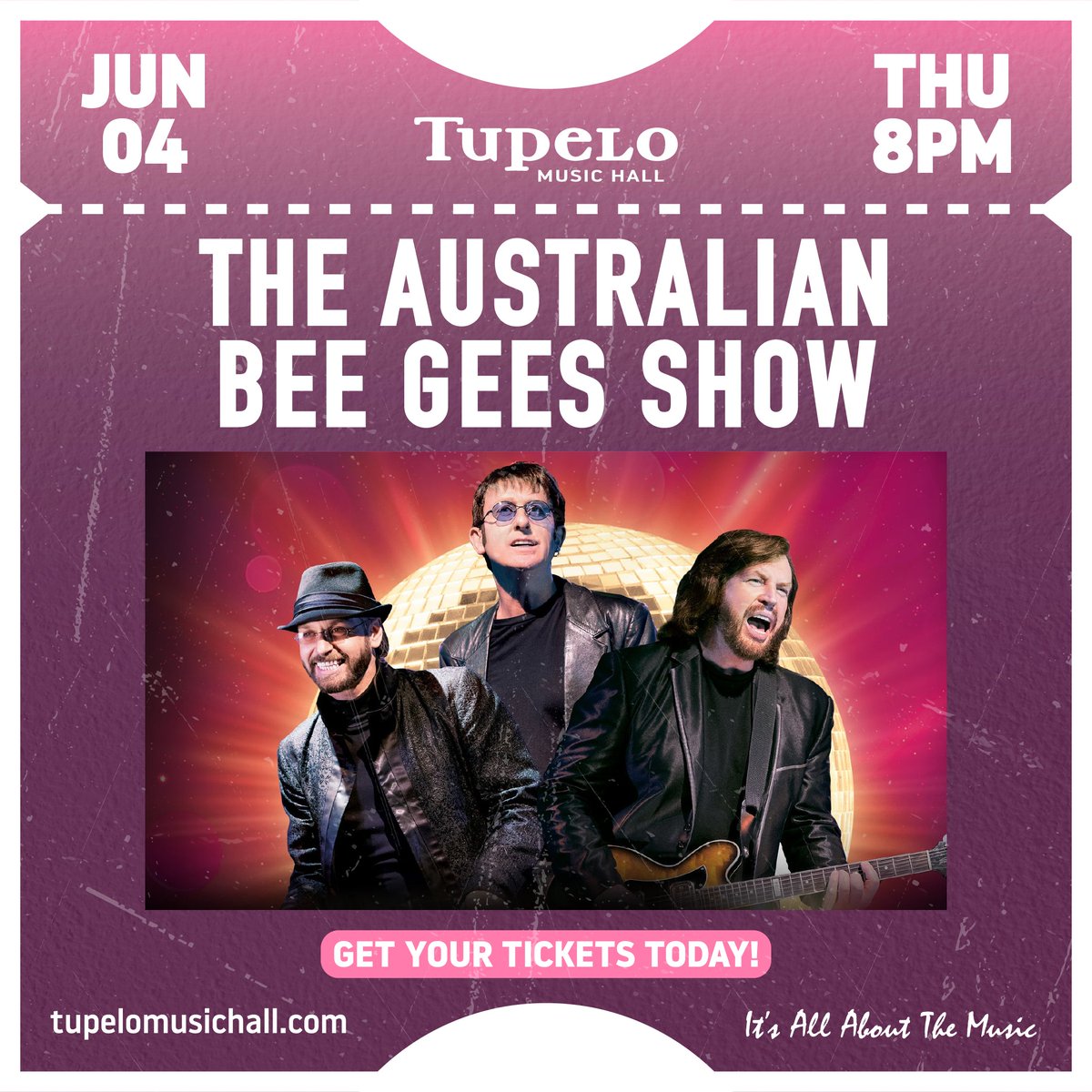 TupeloHall's tweet photo. Experience the multimedia concert event that is the Australian Bee Gees Show! Fans of the Bee Gees and disco appreciators in general will not want to miss this one!

Find your tickets here: https://t.co/0vnyrcxWCf https://t.co/OpBHOJqSmn