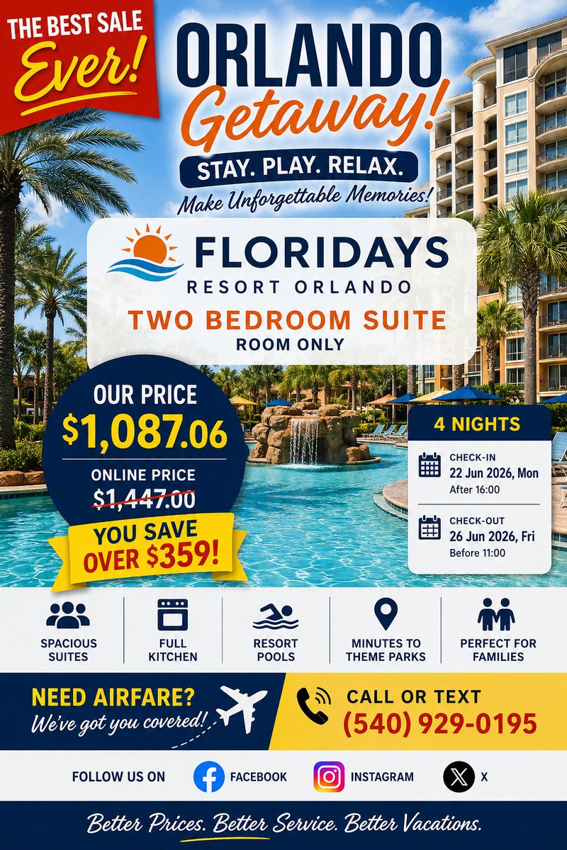 ACTRAVELSERVICE's tweet photo. 🌴 Orlando Deal Alert! Save $359+ on a 4-night stay at Floridays Resort Orlando! 🏨 Two-Bedroom Suite June 22-26, 2026. Our Price: $1,087.06 vs. $1,447 online! ✈️ Airfare available. 📞 (540) 929-0195 #TravelDeals #OrlandoVacation #ACTTravelServices
https://t.co/ZdlXeHd2gG https://t.co/6vjELVuZsI