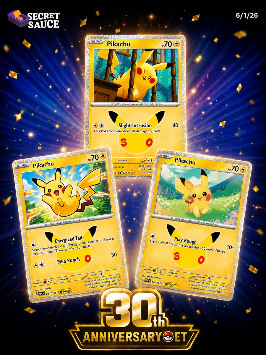 Secretsauce's tweet photo. Pokémon just dropped the details on their 30th Anniversary set and it's different from anything they've done before.
Every single card in the set is foil. Every pack comes with one of 30 Pikachus — each drawn by a different artist. There's also a brand new rarity called Futuristic Rare, illustrated by Japanese artist YOSHIROTTEN. The artwork alone is going to move product.
Drops September 16th worldwide.
Pre-orders are going live randomly with no warning. We're running alerts and autocheckout in the group the second they go live.

Comment SAUCE for your best chance at copping for retail