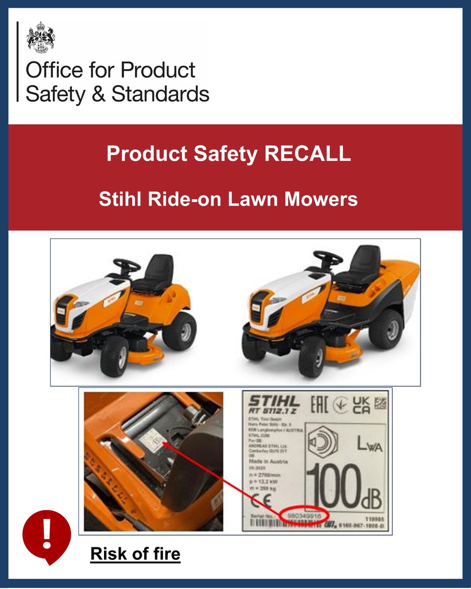 OfficeforSandS's tweet photo. ⚠️Product Recall for Stihl Ride-on Lawn Mowers.
The product presents a risk of fire because leaks may occur in the fuel system of the EVC 7000 engine. If fuel escapes through the leaks, it could ignite and catch fire.

The product has been recalled from customers by Stihl LTD. ⚠️

Anyone with this Stihl Ride-on Lawn Mower should stop using it immediately. To determine if your mower is affected by this recall or for more information, please visit: https://t.co/LcdXy9iz1I

https://t.co/xX9Q61AB2n

#UkRecallsAndAlerts #ProductRecall