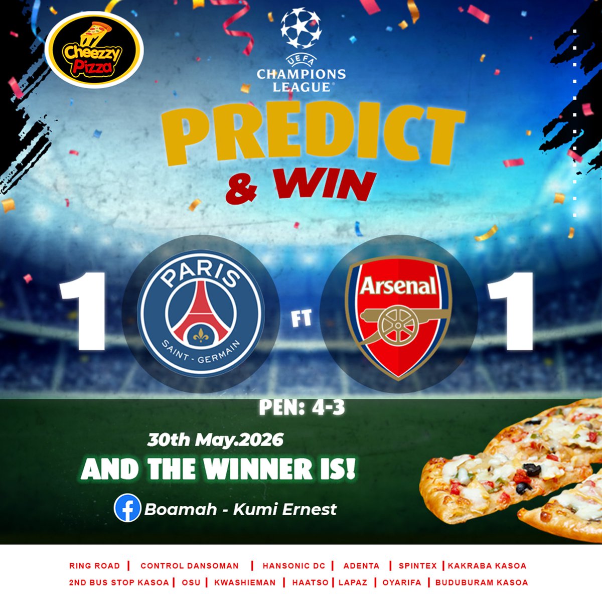 CheezzyPizza's tweet photo. Congratulations to the winner of our Predict &amp; Win final match between PSG &amp; Arsenal. Your large-sized pizza awaits you 🍕
⠀
Please reply in comments for prize

#CheezzyPizza  #CheezzyPredict 
⠀⠀
He was the first to predict the correct scoreline https://t.co/0Or9ZjVaMK
