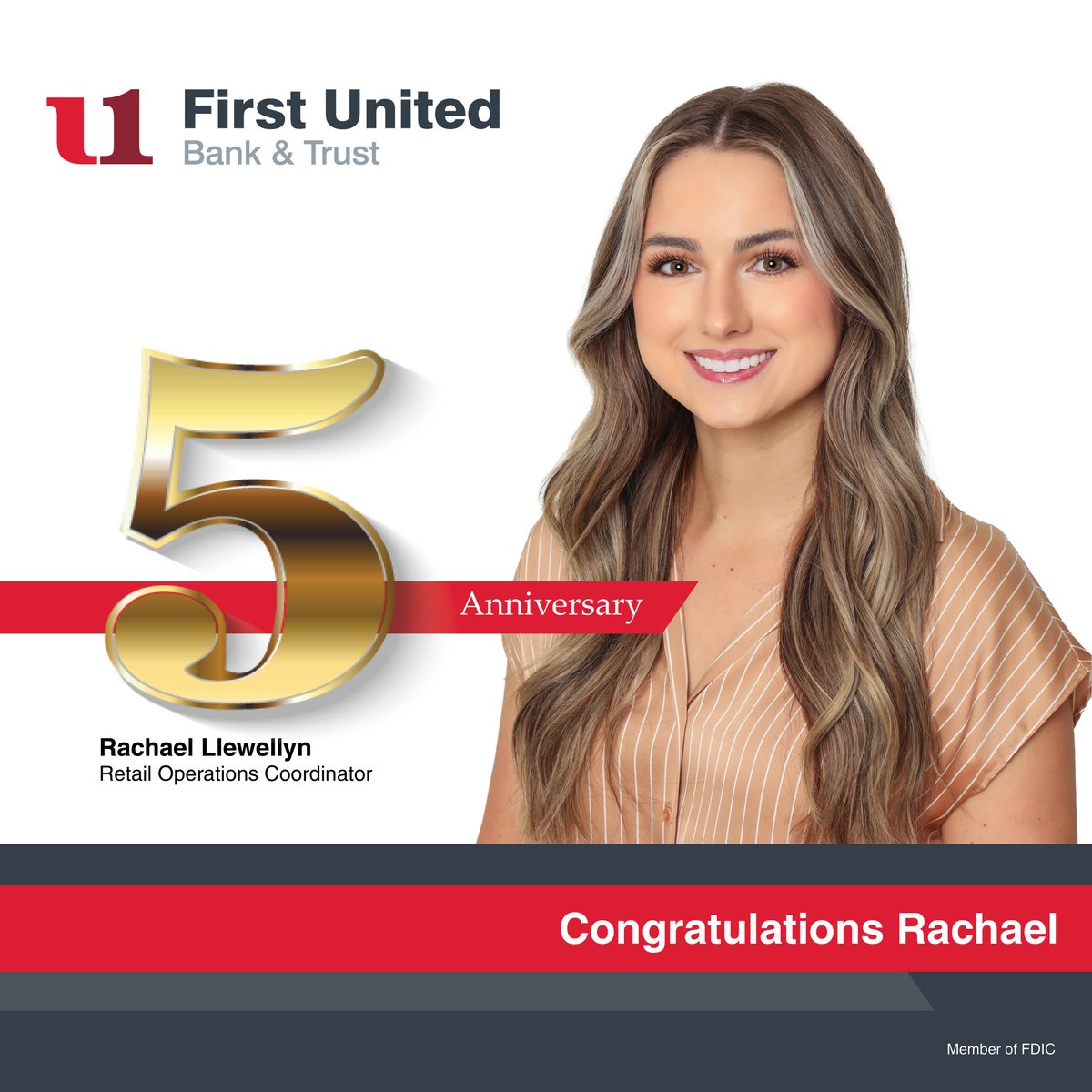 MyBank's tweet photo. Congratulations to Rachael Llewellyn, Retail Operations Coordinator, on her 5th anniversary at First United Bank &amp; Trust. Thank you for your years of dedication and service! https://t.co/7Cf6gBoFf2