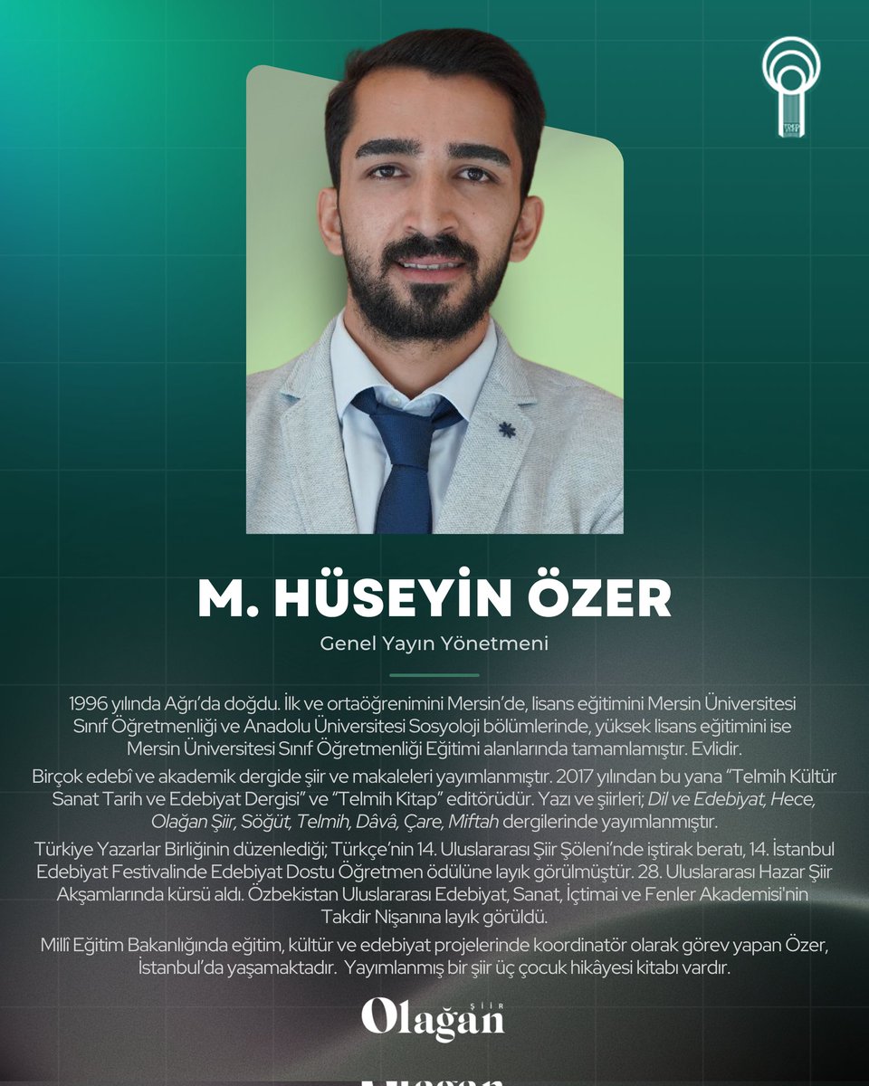 olagansiir's tweet photo. Olağan Şiir’de yeni dönem. 

Eğitimden sanata, edebiyattan ozanlığa uzanan birikimiyle; kurulumuza ve editör kadromuza açtığı ufuk, ortaya koyduğu dikkat ve yön verici yaklaşımıyla tanıdığımız M. Hüseyin Özer genel yayın yönetmenimiz olarak yönetim kadromuzda.
@TDEDgm @erdemekrem https://t.co/fX0qSpcFey