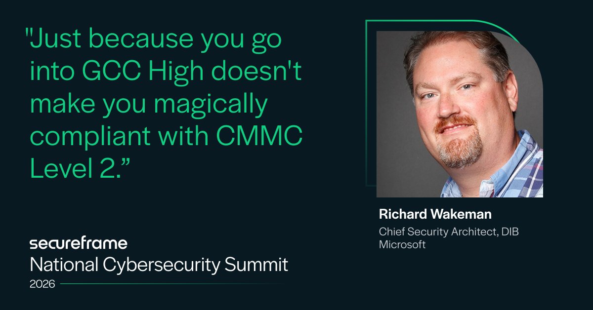 secureframe's tweet photo. "Just because you go into GCC High doesn't make you magically compliant with CMMC Level 2." — Richard Wakeman, Microsoft

GCC High gets you ~86 of 110 controls. The rest is on you.

Our guide answers what's shared responsibility, which license you need, enclave vs. all-in 👇
https://t.co/mHFoAIe0Ql