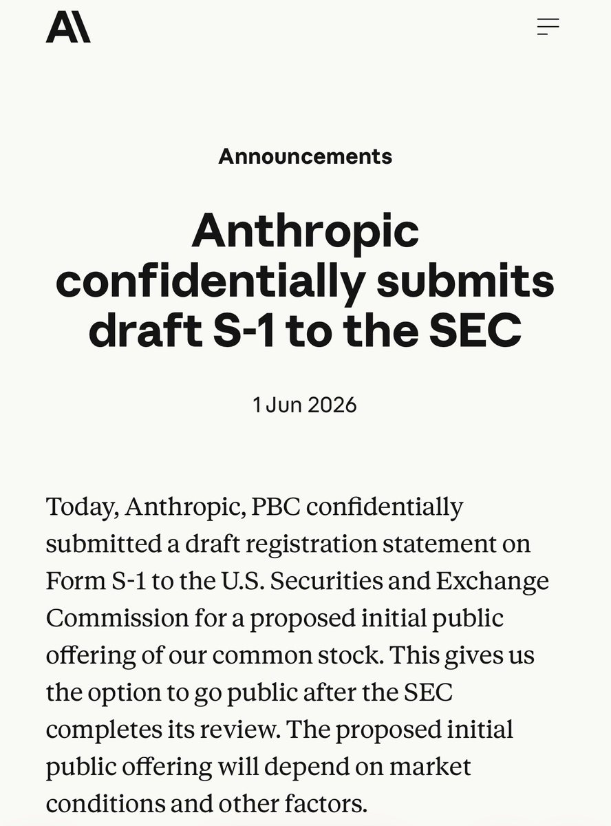 dfinancialadv1's tweet photo. #Anthropic has confidentially submitted a draft S-1 registration statement to the Securities and Exchange Commission. https://t.co/Y3FNXOLjIF