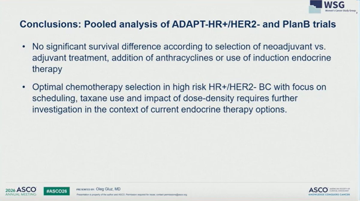 dr_yakupergun's tweet photo. #ASCO26 
ADAPT + PlanB pooled analysis in high-risk HR+/HER2− eBC:

Neoadjuvant vs adjuvant chemotherapy: no difference
Addition of anthracyclines: no significant survival benefit

q3w docetaxel-based therapy showed a better iDFS/dDFS signal than dose-dense paclitaxel/nab-paclitaxel → anthracycline-based approaches.