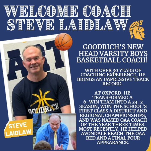 TheDZoneBBall's tweet photo. Steve Laidlaw has been hired as the next Head Basketball Coach at Goodrich.

He was most recently an assistant coach at Avondale. https://t.co/tl4SePEWy3