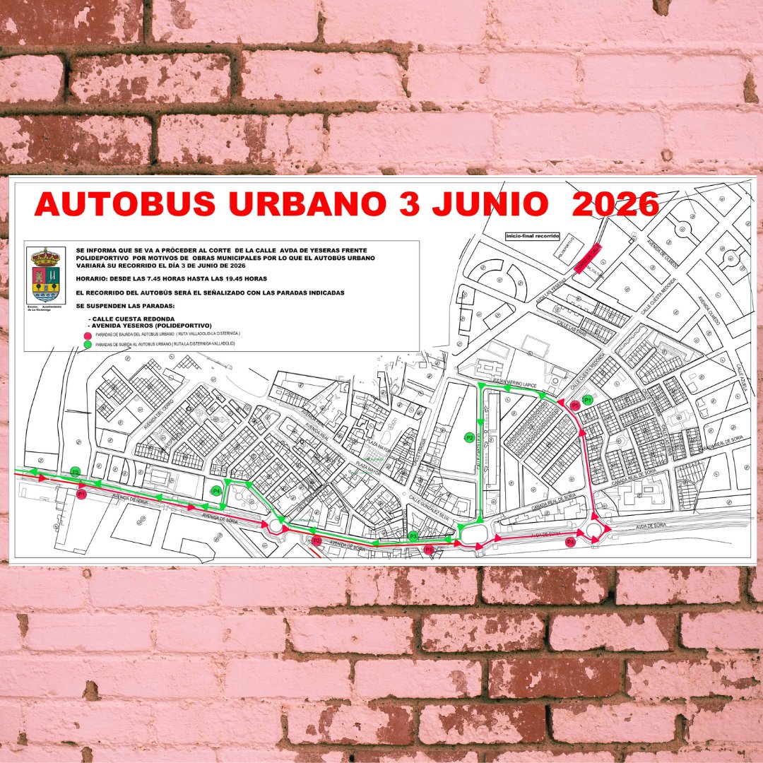 ACisterniga's tweet photo. 🚧 Aviso:
El día 3 de junio el autobús urbano modificará su recorrido entre las 7:45 h y las 19:45 h.
❌ Quedarán temporalmente suspendidas las siguientes paradas: Calle Cuesta Redonda y Avenida de las Yeseras (Polideportivo)
Disculpen las molestias. https://t.co/CNMIbUIQZs