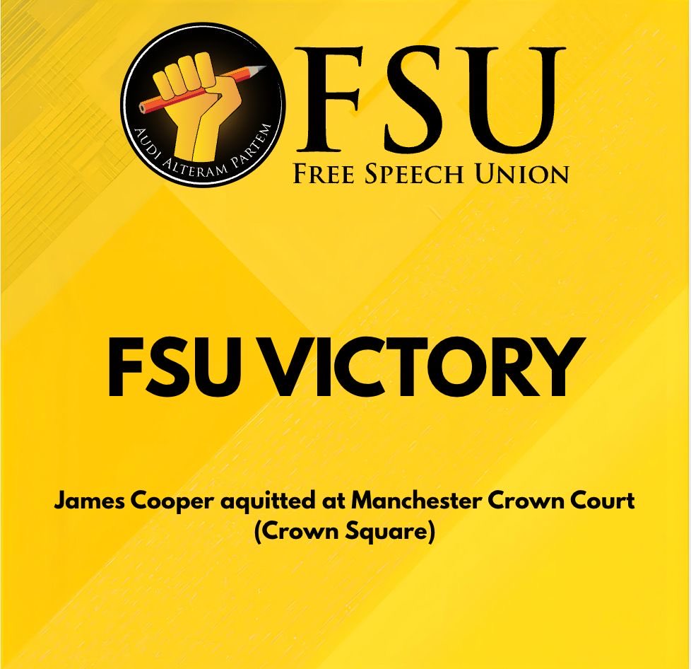 SpeechUnion's tweet photo. 📣🚨 FSU VICTORY!

FSU member James Cooper has been acquitted of violent disorder at Manchester Crown Court (Crown Square).

On 31 July 2024, in the wake of the horrific Southport murders, James attended a protest outside the Holiday Inn on Oldham Road, which was housing asylum seekers.

James was one of around 50–70 people at the protest. He was arrested and charged with violent disorder under Section 2 of the Public Order Act 1986, an offence carrying a maximum sentence of five years’ imprisonment.

Having seen a Facebook post about the demonstration, James attended and filmed events. Unlike some of the other protesters, he was not involved in any violent acts.

The Crown’s case against him was weak. Prosecutors argued that James had committed violent disorder simply by being present in the vicinity of the crowd, shouting remarks such as “shithouses” and “what would you do if it was one of your kids”, as well as engaging in a robust exchange with a police officer. They claimed this amounted to using or threatening violence.

Giving evidence, James firmly denied using or threatening violence and said he had attended what he believed would be a peaceful protest. He explained that he had shouted at police officers because he felt they were being heavy-handed.

Today, after around two hours of deliberation, the jury unanimously acquitted James. This verdict once again demonstrates the importance of jury trials — an ancient right that the Government wishes to dilute — in cases involving freedom of expression and protest.

The Free Speech Union was pleased to support James and fund his legal defence. He was represented by barrister Adam King and solicitor Luke Gittos.

In the wake of the Southport murders, we saw public order legislation enforced with extraordinary zeal, often at the expense of legitimate dissent and protest.

We are pleased to have been able to help James secure this outcome.