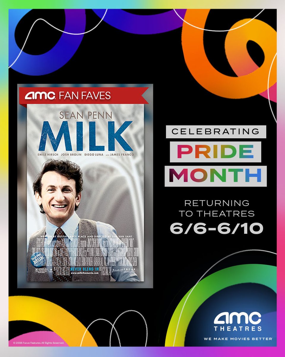 AMCTheatres's tweet photo. Celebrate Pride Month and get tickets to see MILK 6/6-6/10. Honor representation all month long with more impactful LGBTQ+ stories back on the big screen through 7/1. 🎟️ here: https://t.co/3Mkcg4iDTl https://t.co/JDvAkra08C