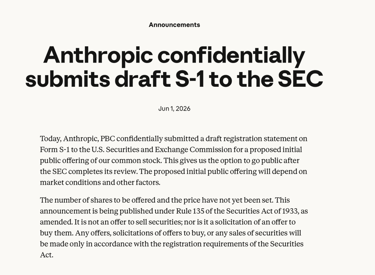 SawyerMerritt's tweet photo. Anthropic has just officially announced that its has filed its IPO prospectus with the SEC.

"Today, Anthropic confidentially submitted a draft registration statement on Form S-1 to the U.S. SEC for a proposed IPO of our common stock. The number of shares to be offered and the price have not yet been set."