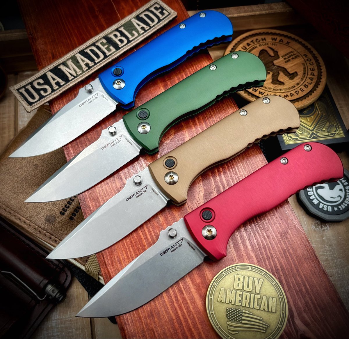 USAMADEBLADE's tweet photo. Stoked to now offer the Defiant-7 Manual Buttton Lock Folder in a variety of colors.  Same great Les George Design, Magnacut Steel Blade, and incredible action now in eye popping blue, red, tan, and green.  Check them out at https://t.co/uhtYBqxRxk

@defiant7_ https://t.co/hH4DVNUBKo