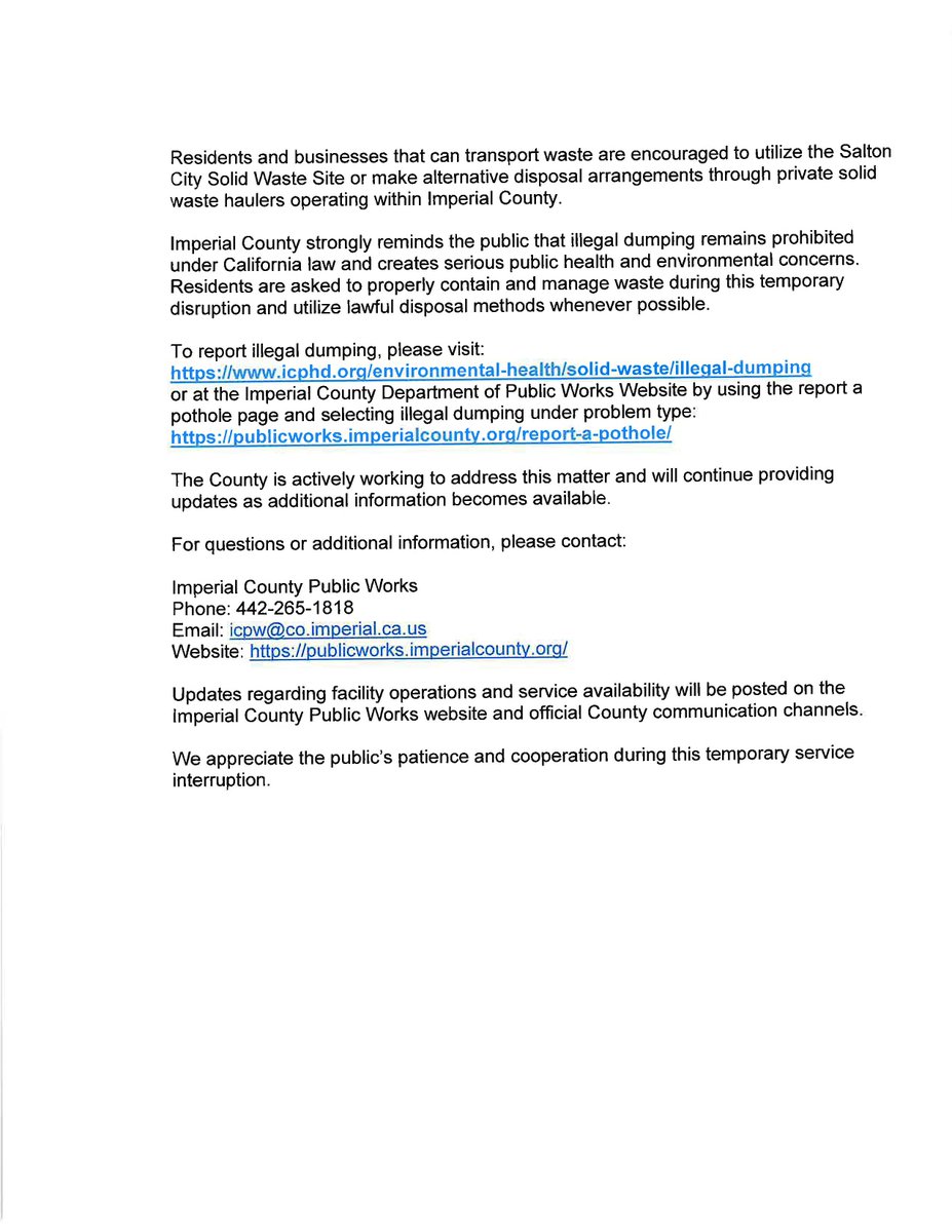 CountyDpw's tweet photo. PSA
Due to operational impacts, the Imperial County Public Works Department is notifying residents and businesses that all county-operated solid waste landfill facilities and disposal operations will be temporarily halted beginning June 2, 2026, until further notice. https://t.co/QhMrjW0A5k