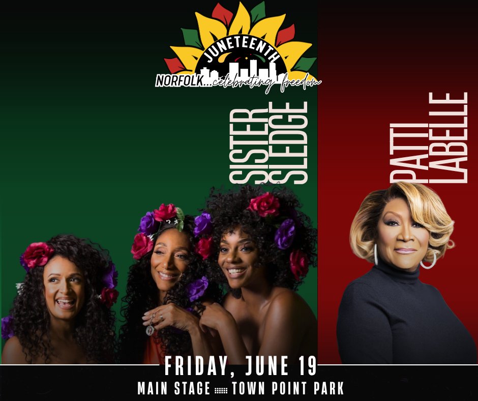 NorfolkVA's tweet photo. Norfolk’s signature Juneteenth celebration takes place on Friday, June 19, at Town Point Park, produced in partnership with Festevents. Be sure to join us for the opening ceremony at 11 a.m. on the Main Stage.

Events throughout the day include:
⭐ Educational Exhibits - Tidewater African Cultural Alliance, Tuskegee Airmen, Code Ninjas, Library of Virginia
⭐ History Alive - Live portrayals of African American historical figures
⭐ Radio Juneteenth - Special musical programming as well as historical interviews, quotes, readings and more broadcast throughout Town Point Park
⭐ Walk in History - Partnership with The New Journal & Guide creates a self-guided walking tour with 20 larger than life story boards highlighting important times in history

And don't miss Sister Sledge and Patti LaBelle on the Main Stage that evening followed by fireworks!

Find out more at https://t.co/TFeCVUstwA.