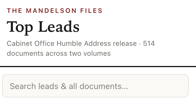 meadwaj's tweet photo. Public, searchable database of the Mandelson files, with some AI-assisted lead stories already flagged. Excellent speedy work by @Autonomy_Inst (link below!) https://t.co/isdPoecKFJ
