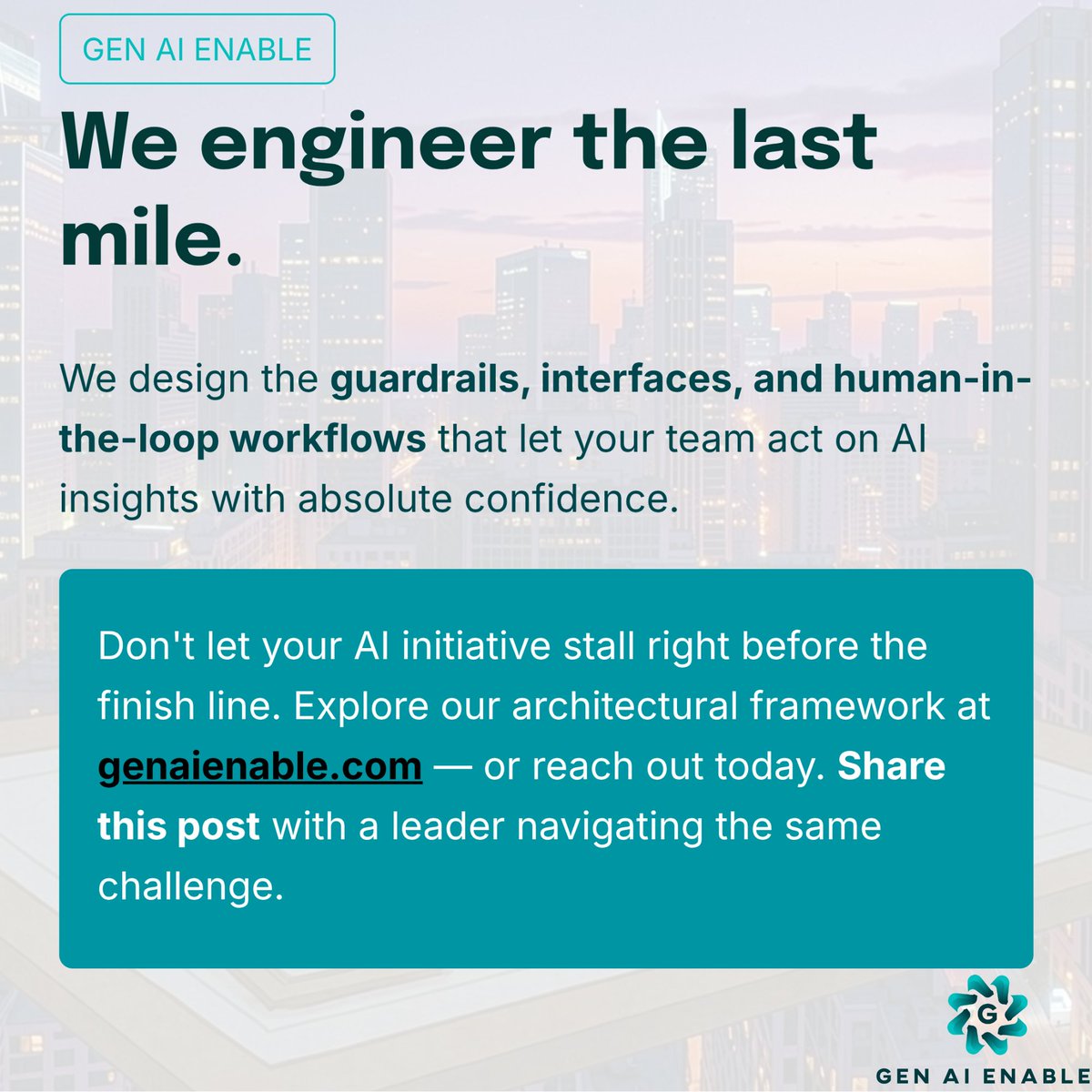 GenAIEnable's tweet photo. Don't let your AI initiative stall right before the finish line.
#AIEnablement #BusinessMetrics #GenAIEnable #EnterpriseAI #HumanInTheLoop #AIStrategy #OperationalExcellence #TechArchitecture #ROI #ExecutiveLeadership https://t.co/sDIoQS42pL