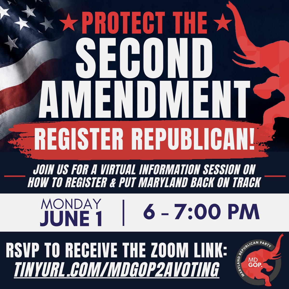 MDGOP's tweet photo. Protect the Second Amendment: Register Republican!

If you're a 2A supporter, your vote could make the difference, and it's your most powerful tool. But you can only use it if you're registered, and the deadline is coming up!

Reminder to join us TONIGHT at 6 PM for a virtual info session on why Second Amendment voters need to be registered Republican, what anti-gun bills Democrats have been pushing in Maryland, and how YOU can help put Maryland back on track.

Register for tonight's event and share with your 2A supporting friends & family: https://t.co/4UyiTp2dbX