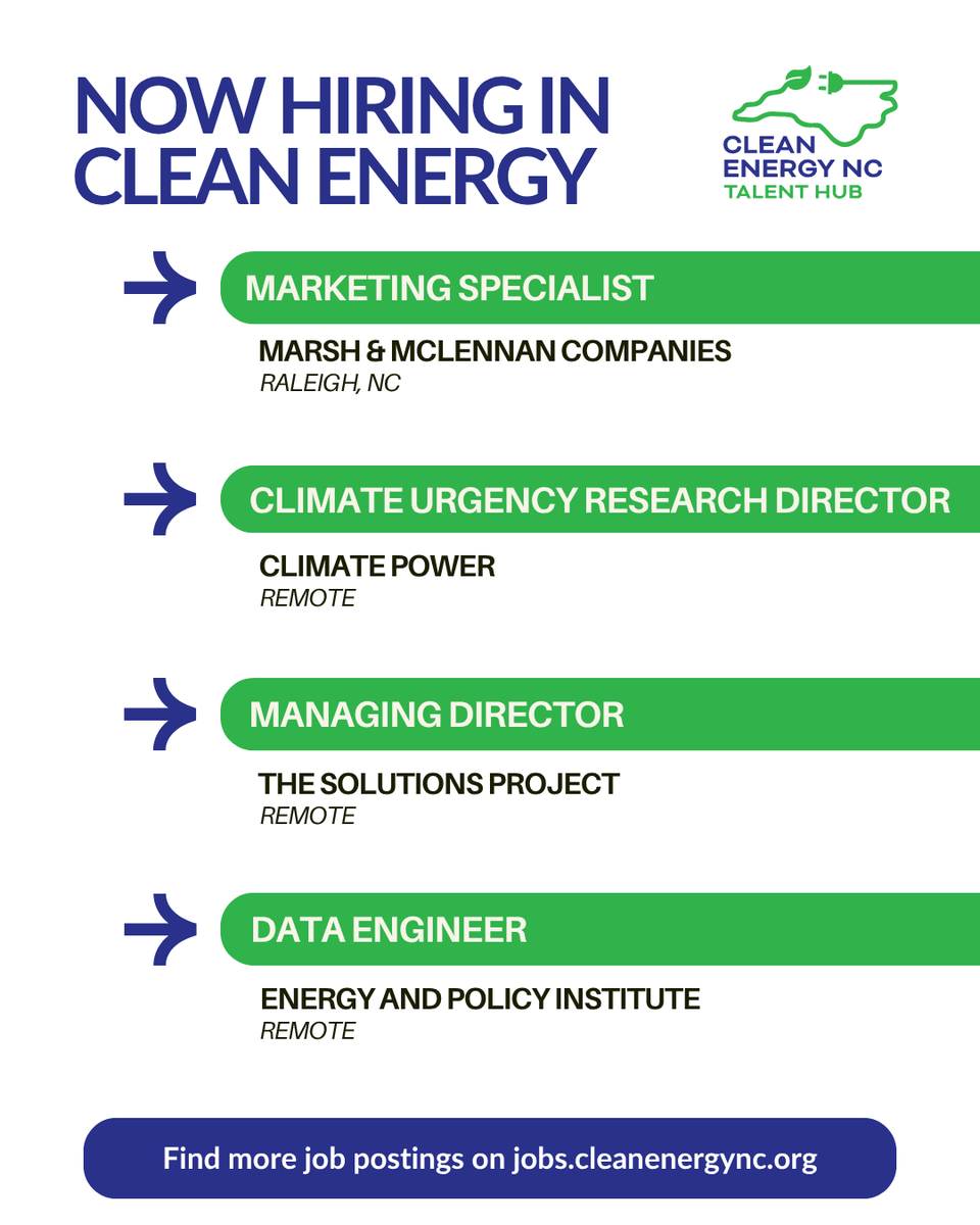 CleanEnergy_NC's tweet photo. Explore this month's featured jobs as well other current job openings on the Clean Energy NC Talent Hub! Launch your career in the clean energy sector today. Go to the link in our bio to find more postings at https://t.co/oBFeM82rRD. https://t.co/axdnNhTP8B