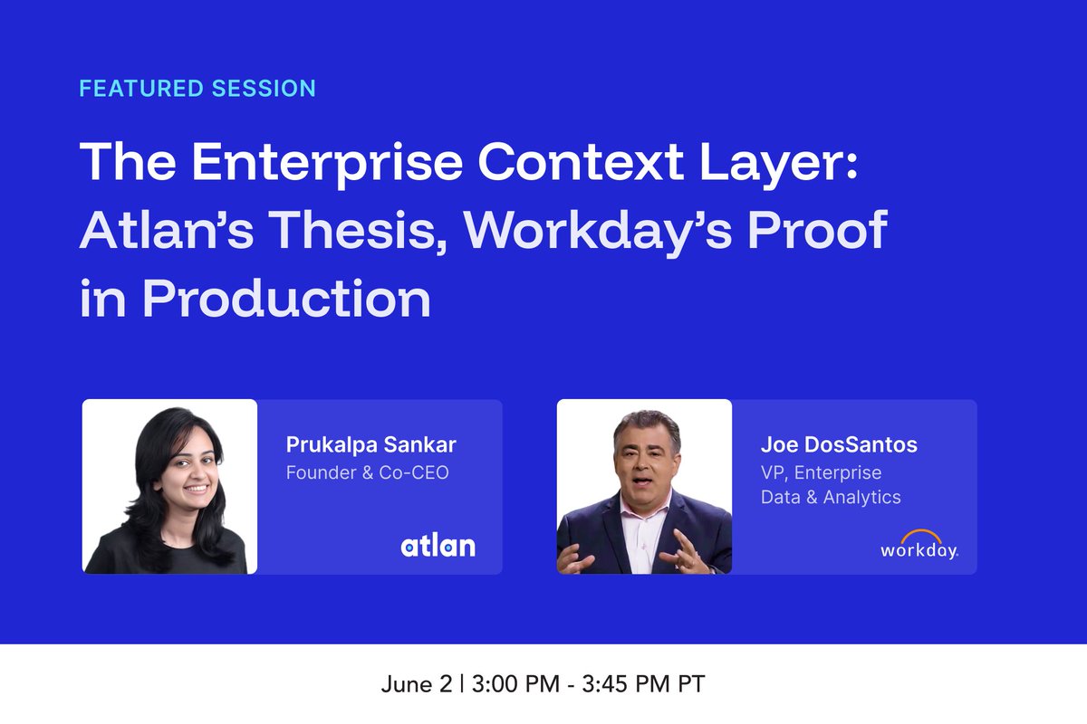 AtlanHQ's tweet photo. We're bringing the context layer to #SnowflakeSummit! ❄️

Four sessions. One spicy debate. Workday on stage sharing what they've built in production. And @prukalpa  ⚡ demystifying the enterprise context layer live. 

What we're tackling this week: 

→ WTF is the enterprise context layer, actually? Prukalpa breaks it down and demos it. June 1, 4:00 PM PT. 

→ Context layer vs. semantic layer vs. ontology vs. knowledge graph. Three industry leaders, one stage, no agreed-upon answer. Prukalpa Sankar, Jessica Talisman, and Cindi Howson hash it out. June 2, 1:00 PM PT. 

→ Workday's VP of Enterprise Data & Analytics shares how they're putting the context layer into production. Not theory. Proof. June 2, 3:00 PM PT. 

→ Workday's Director of Enterprise AI Solutions goes deeper on building trustworthy AI agents with context. June 3, 12:30 PM PT. 

Search "Atlan" in the app and add these to your agenda. And of course, come see the Context Layer LIVE at Booth #1612 all week. 🙌