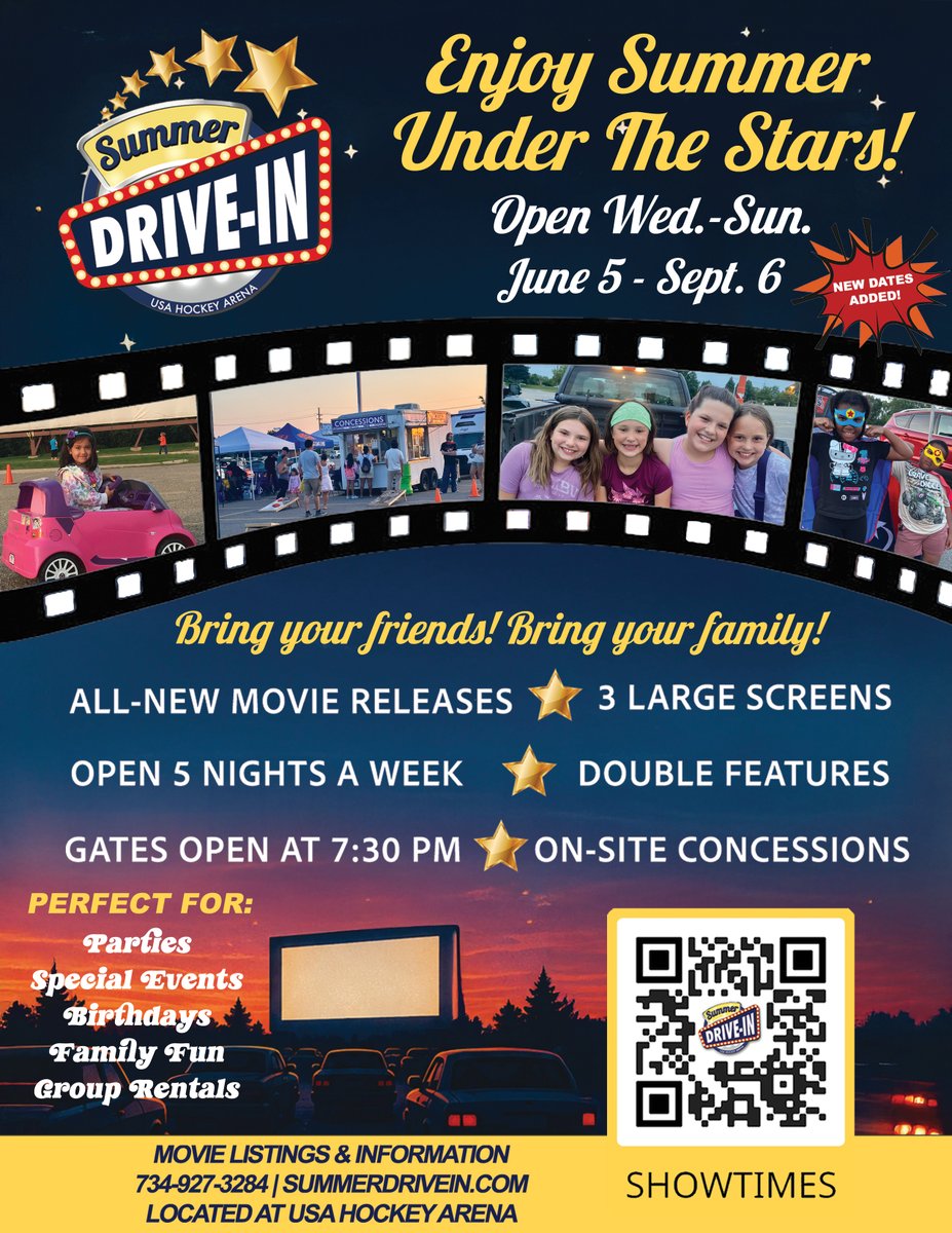 Summer_DriveIn's tweet photo. The Stars Aligned ✨🌙

We’re opening ONE WEEK EARLY (starting this Friday) and couldn’t be more excited to welcome you back Under the Stars. Grab your blankets, gather your favorite people, and join us for an extra week of movies, memories, and nights you won’t forget. 🎥⭐ https://t.co/Wh6QV2CE7j