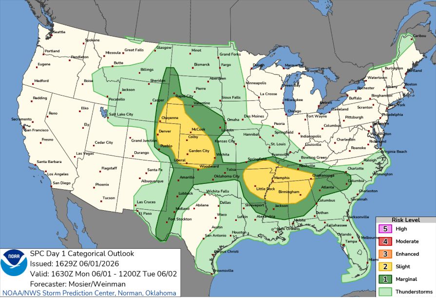 genenorman's tweet photo. ⛈️ Severe storms in two corridors:
🔶 Central High Plains: large hail/damaging winds
🔶  Lower MS/TN Valleys into the Southeast: damaging wind risk, possible tornadoes
Tornado watch may be issued for northern AR later this afternoon
👉 Get INSTANT alerts: https://t.co/LJsK4C68kb https://t.co/ZZlphFnRIb