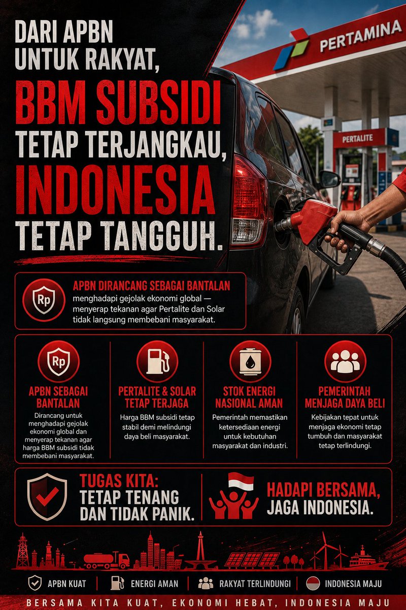 GudangMesiu1's tweet photo. Rupiah tertekan, APBN menyerap dampaknya.
Harga Pertalite & Solar tetap stabil. Stok energi aman. Daya beli masyarakat dijaga.
Gejolak global adalah realita โ ketahanan fiskal kita adalah jawabannya.
#jagaindonesia #jagaekonominasional
#kawaldayabeli #bbmaman #apbnkuat https://t.co/oceOYDc79d
