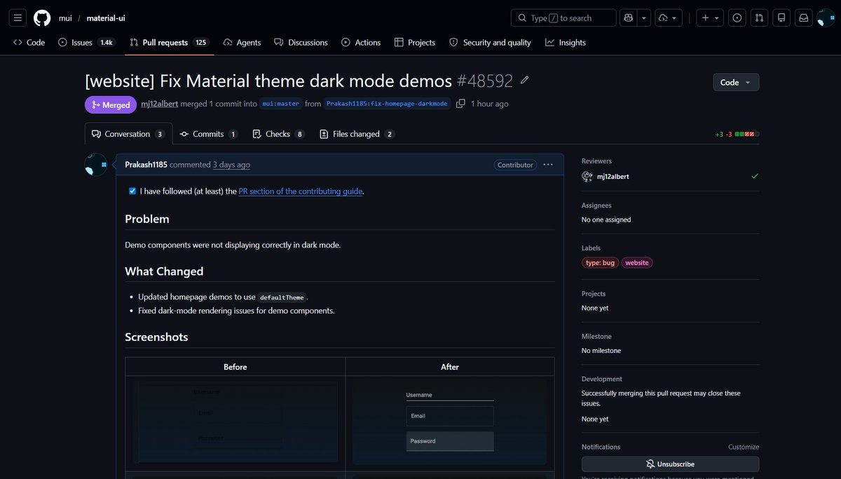 _prakash_dev_'s tweet photo. Fixed a dark mode rendering issue in @MUI_hq  homepage Material theme demos 🚀

Updated the theme configuration to ensure components render correctly in dark mode.

#opensource #mui #reactjs https://t.co/2Ik2YDKCq8