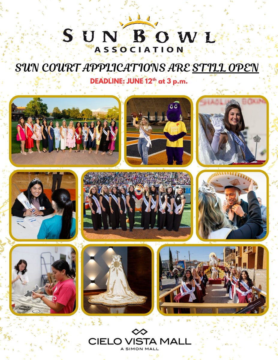 SunBowlEP's tweet photo. Sun Court applications are STILL OPEN! 👑

💻📱 Visit https://t.co/BbojV5634K to access the 2026 Sun Court application
📆 The deadline to apply is Friday, June 12, 2026, at 3 p.m.

#TonyTheTigerSB #SunBowl #ElPaso #SunCourt #Community https://t.co/Oz2L82Syr3