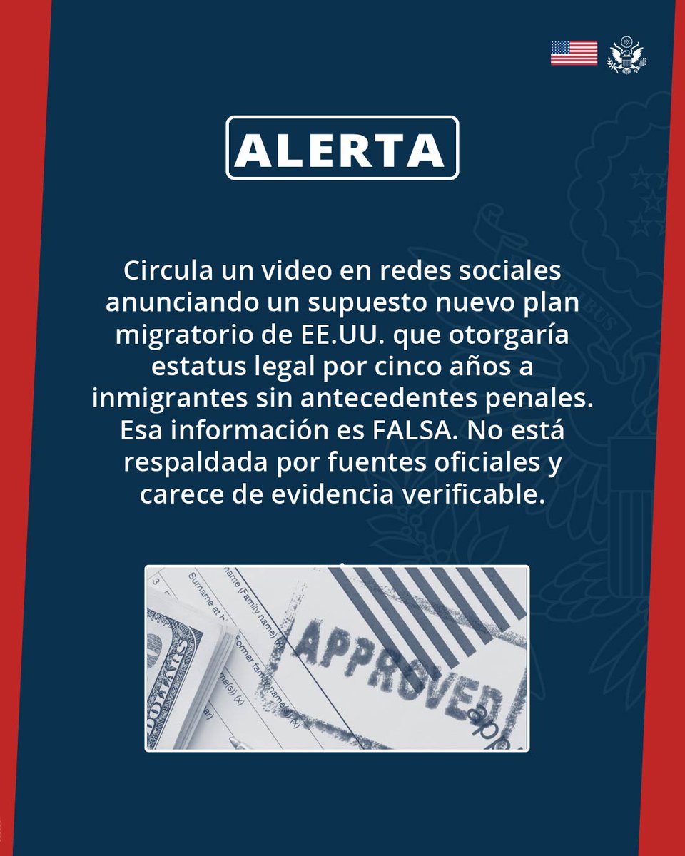 EmbajadaEEUUarg's tweet photo. En redes sociales está circulando un nuevo video que afirma que Estados Unidos tiene un plan migratorio que otorgaría estatus legal por cinco años a inmigrantes sin antecedentes penales, evitando deportaciones y permitiéndoles trabajar legalmente. Esto es falso. https://t.co/Qk5t4OVf4I