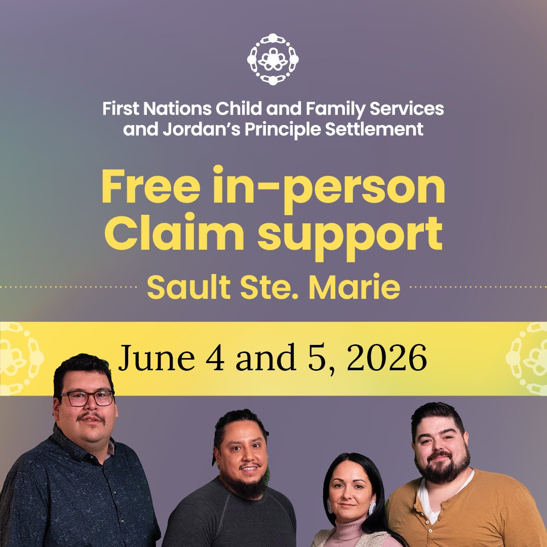 FNChildClaims's tweet photo. Reminder!

If you live in the Sault Ste. Marie area, free in-person Claim support sessions are coming this week - June 4 and 5.

Learn more about the First Nations Child and Family Services and Jordan’s Principle Settlement and get free one-on-one help from Claims Helpers to complete your Claim for compensation.

📍 Holiday Inn Express, Rooms Empire A and B
320 Bay St., Sault Ste. Marie, ON

🗓 June 4
🕘 Morning session: 9 a.m. to 12 p.m.
🕐 Afternoon session: 1 p.m. to 4 p.m.
🕐 Evening session: 5 p.m. to 8:30 p.m.

🗓 June 5
🕘 Morning session: 9 a.m. to 12 p.m.
🕐 Afternoon session: 1 p.m. to 4 p.m.

Register today at: https://t.co/gicudFKvK1.

Please help share this post with community members, family and networks in the Sault Ste. Marie area.

These sessions will be offered in English. French language assistance is available by calling the Administrator at 1-833-852-0755.