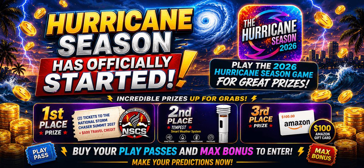 WeatherChamps's tweet photo. Hurricane Season has officially started!  Play Weather Champs #HurricaneSeason game for a chance to win some great prizes! 

🏆1st Place is 2 tickets to NSCS + $500 travel credit

🥈2nd - Tempest weather station

🥉3rd - $100 Amazon gift card https://t.co/fu7sUg9202