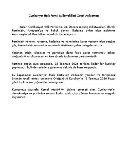 UmitDikbayir's tweet photo. Cumhuriyet Halk Partisi 28. Dönem Milletvekillerinin ortak açıklamasıdır. 
111 milletvekili olarak; kurultayın 12 Temmuz 2026 tarihinde toplanmasını talep ediyoruz.
@eczozgurozel https://t.co/jbD8DoueNF