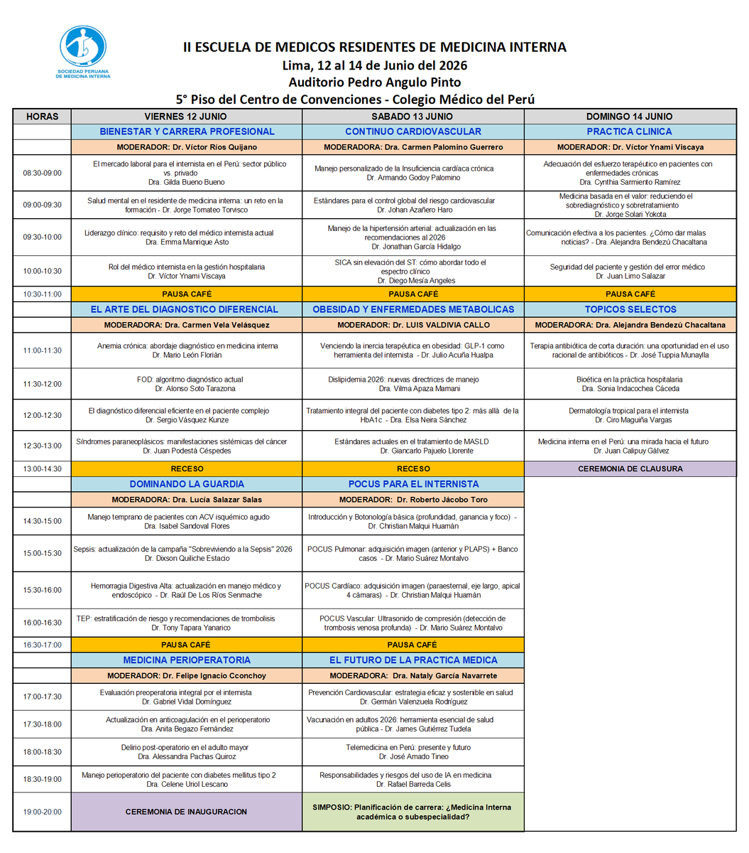 spmiperu's tweet photo. ✨¡Los esperamos!
🆓𝐀𝐜𝐜𝐞𝐬𝐨 𝐥𝐢𝐛𝐫𝐞
🎓II Escuela de Médicos Residentes de Medicina Interna
📜Puntaje válido para recertificación médica
📅12, 13 y 14 de junio de 2026
🏫5to piso Centro de Convenciones Colegio Médico del Perú. Miraflores https://t.co/DwRbzV70Ia