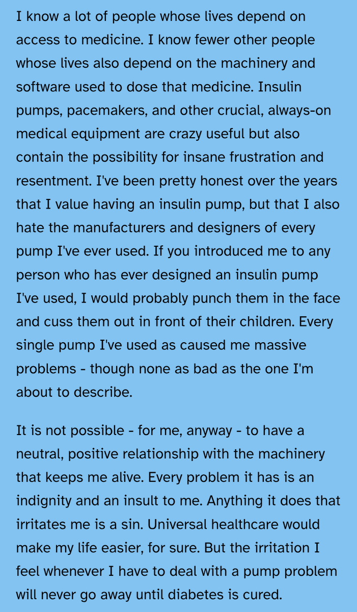 sendqueery's tweet photo. wife linked me @lmichet's blog post on the tandem t:slim x2 and it really hit home on a number of points as a fellow diabetic 

something i have said many times is that the x2 is a device designed by an endocrinologist, not by a diabetic, and thus has many QoL blind spots https://t.co/4392dkJqVU