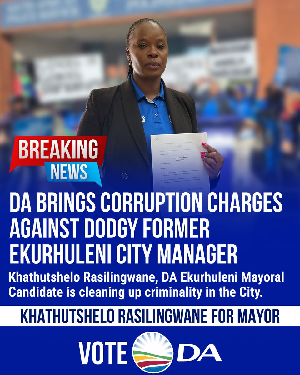 DAGauteng's tweet photo. 🚩🤑 Every rand looted in corruption is money stolen from fixing the broken services in our communities.

Today, the DA in Ekurhuleni took action against the City’s ongoing corruption by laying criminal charges against Imogen Mashazi’s dodgy dealings, including tender irregularities during her time as Ekurhuleni’s City Manager.