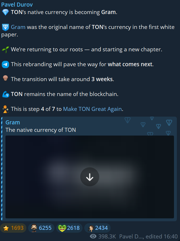 kcryptoyt's tweet photo. if ur not in durov's tg channel i suggest u join 

not many opportunities worth taking in a bear market, but there's a decent chance the future steps 5-7 could be huge 

reminder: telegram is an app with a billion monthly users. if they make a serious attempt to integrate it into the telegram app, that's game changing