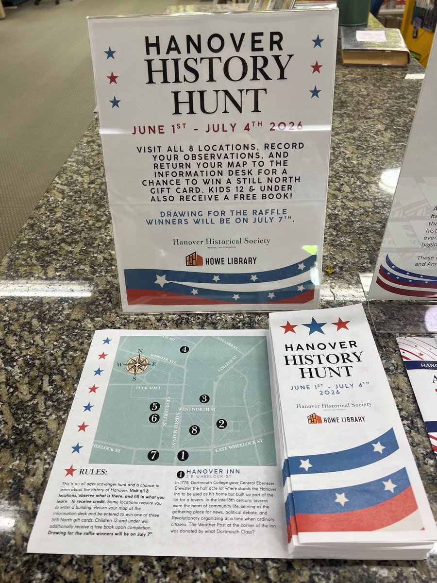 howelibrary's tweet photo. The Hanover History Hunt starts today! Explore 8 town spots, pick up your map at the library, and win Still North gift cards. Kids 12 &amp; under also get a free book! Ends July 6; drawing July 7. #HanoverNH #UpperValley #HoweLibrary #America250 #Hanover265 https://t.co/pdv16idRtB
