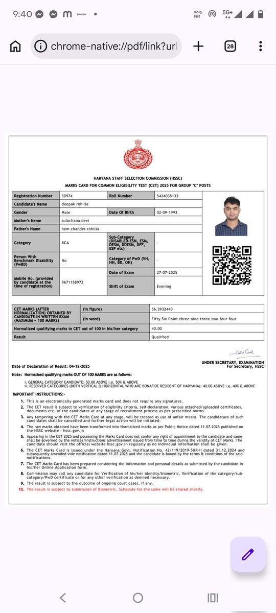 DeepakRohilla0's tweet photo. @cmohry @HSSCorg_in @advhimmatsingh
R/sir, 
Plz see In this result point no. 10 in instructions

Plz Clarify that My biometric attendance has been done or not. Because on the date of  examination, I have submitted my biometric attendance. https://t.co/utmV4q8EmY