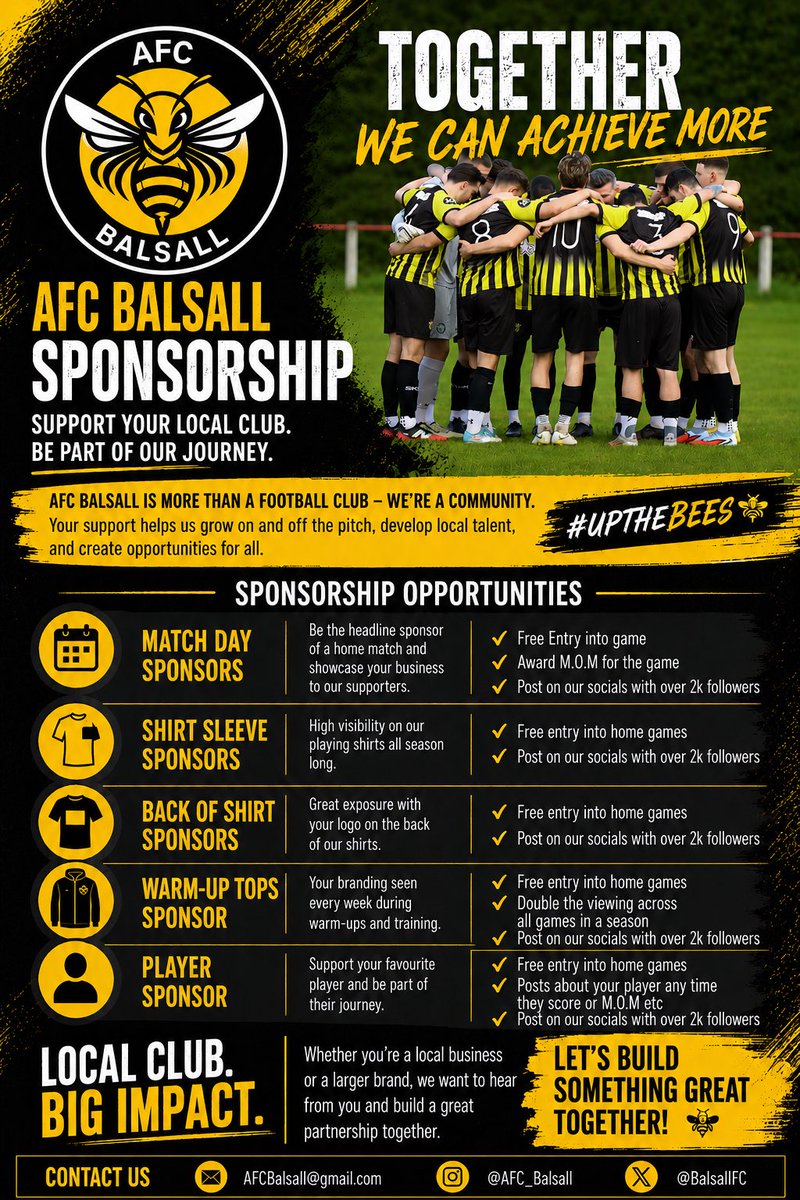 Balsallfc's tweet photo. 🟡⚫️ 𝐒𝐏𝐎𝐍𝐒𝐎𝐑 𝐎𝐏𝐏𝐎𝐑𝐓𝐔𝐍𝐈𝐓𝐈𝐄𝐒 🟡⚫️

Want to promote your business while supporting a growing local football club?

Partnering with us gives your business valuable exposure both on and off the pitch, while helping us continue to grow as a club.

#UPTHEBEES 🐝💛🖤 https://t.co/xmdKMlv6Mg