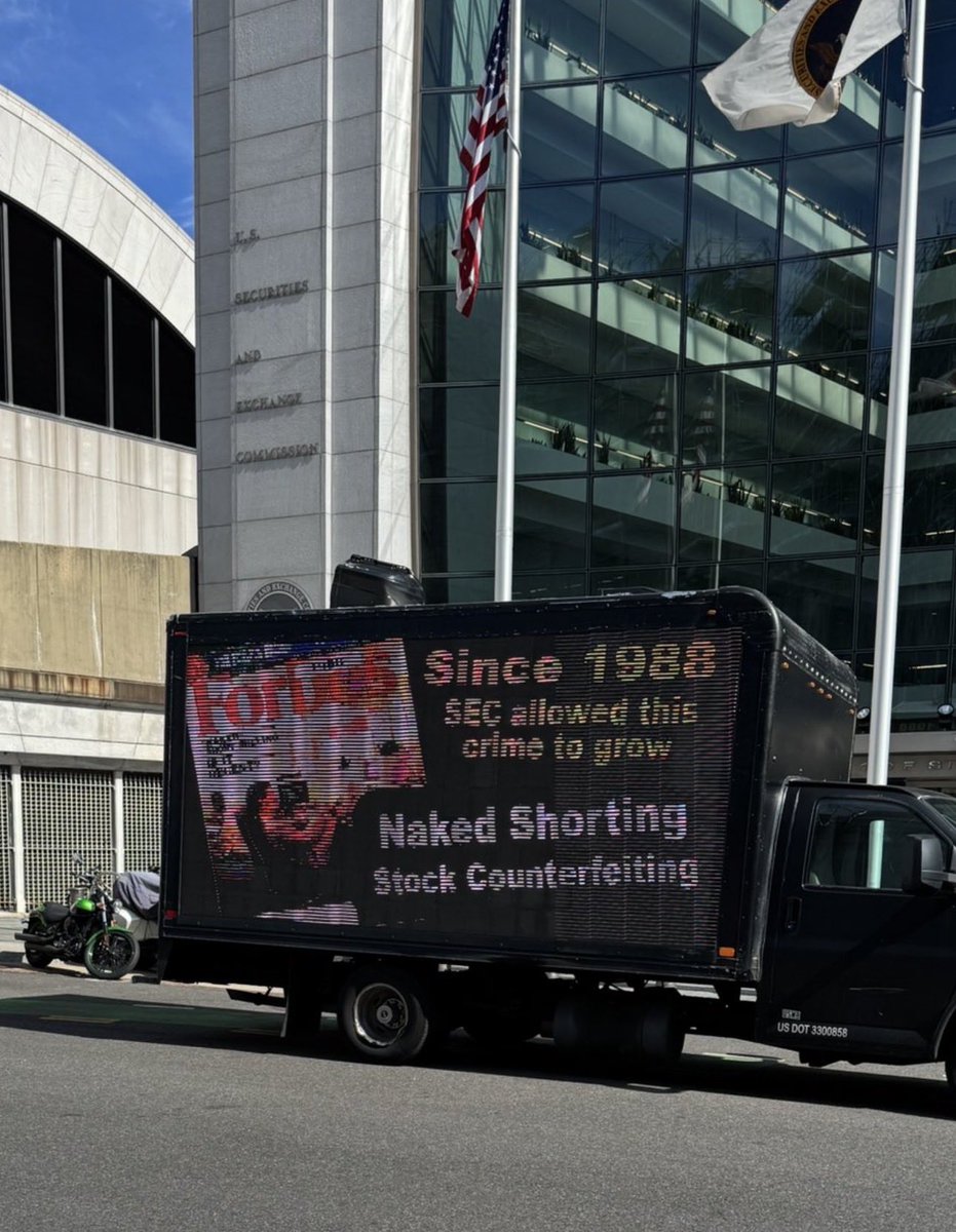 kshaughnessy2's tweet photo. @GenFlynn This is the truck in front of the SEC today. The 24th time in recent years. 
How much whistleblowing has to be done before someone in power, on either side of the aisle,  demands trade settlement be enforced? https://t.co/QrUXM20B5s