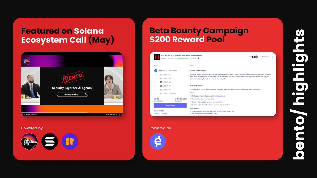 bento_guard's tweet photo. Week 8 update from BENTO
The @colosseum side tracks are still heating up.

Last week Bento picked up:
🏆 Top 1 @rpcfast track
🏆 Top 3 Privacy Track by @magicblock
🏆 Top 7 @SuperteamJapan track

Plus:
📣 @solana @SolBrothersPod Eco Call feature
📣 625+ early signups
📣 487 npm weekly downloads

Still early. Still shipping.

And if you're building AI agents on Solana, our Beta Bounty is now live on @SuperteamEarn 👀

Break Bento. Test Bento. Help us make AI agents safer.

More integrations, partnerships, and announcements coming soon.