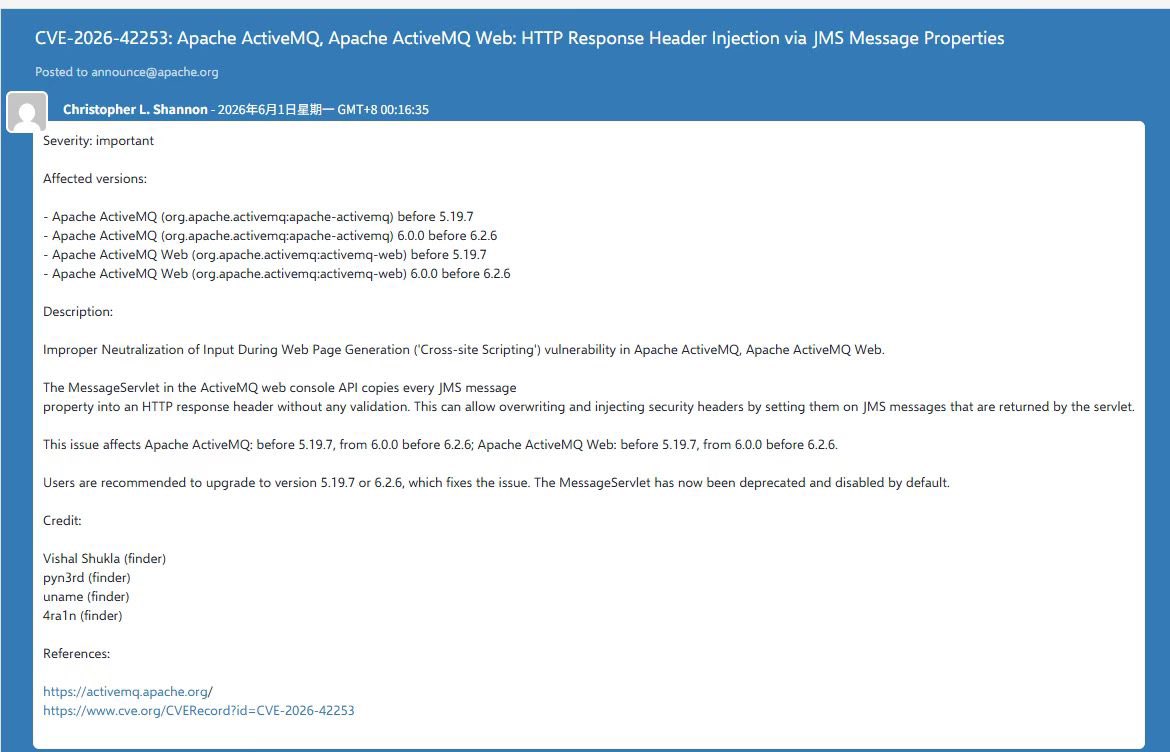 pyn3rd's tweet photo. #CVE-2026-42253 Apache ActiveMQ Web: HTTP Response Header Injection via JMS Message Properties

#CVE-2026-42588 Apache ActiveMQ: Remote Code Execution via Jolokia addNetworkConnector

These two vulnerabilities we reported have been credited. https://t.co/S385zgrs2v