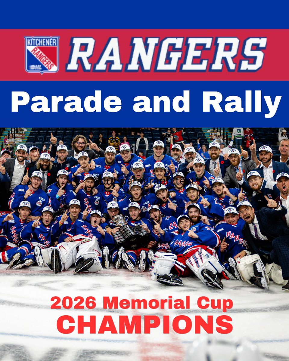 CityKitchener's tweet photo. 🏆🎉 Kitchener, celebrate our CHAMPS! Parade hits King St (Queen➡️Young) at 6 p.m., ending with a rally at Carl Zehr Square. 🌭 First 2,000 fans get FREE hot dogs, water &amp; a commemorative team poster! More ➡️ https://t.co/pPDUcek6UC 

#GoRangers #MemorialCupChamps https://t.co/qSxZRINt2A
