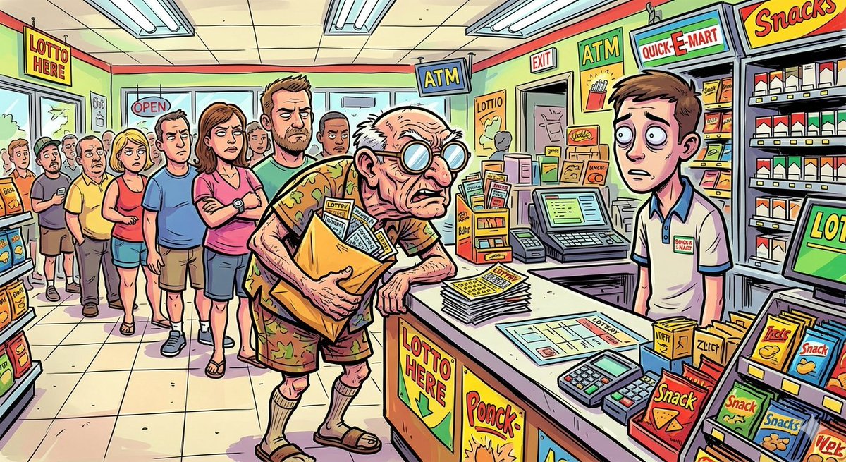 StraightFlorida's tweet photo. Florida has a real epidemic going on, and it's time we address it.

It’s the Lottery Boomers.

These old-timers roll up to the Mobil station with a manila folder full of scratch-offs like they’re auditing the IRS. They plant both elbows on the counter—turning it into their personal nursing home standing desk—and prepare to colonize the register for the next forty-five minutes.

You can literally watch the 19-year-old cashier’s soul leave his body the second they lean in.

They’ll occupy the counter, making unsolicited small talk about the local weather like we’re all trapped together at a VFW happy hour. Then, they get personally offended when they blow half their Social Security check just to win two dollars and a free ticket. You can actively watch the blood pressure boil up into their compression socks.

Look, I get it. You’re savoring every scratch-off because the grim reaper is actively checking his watch. I respect the hustle.

But for the love of God, y’all need your own designated lane. Some of us are on lunch break and just want a damn Celsius without witnessing a financial tragedy. 👍