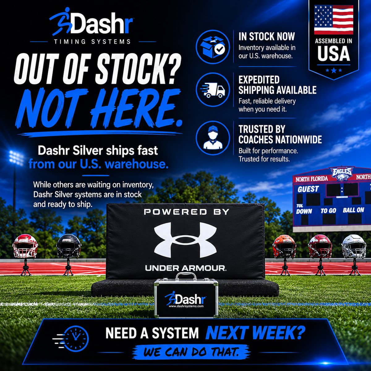 DashrMPS's tweet photo. Don't let lead times slow down your season.⏰

Athletes don't stop training while equipment is on backorder. That's why Dashr Silver systems are stocked, assembled in the USA, and ready when you need them.

Need a system in the next Day or Two? We can make that happen.

#DashrSilver #SpeedMatters #AthleteTesting #FootballTraining #TrackAndField