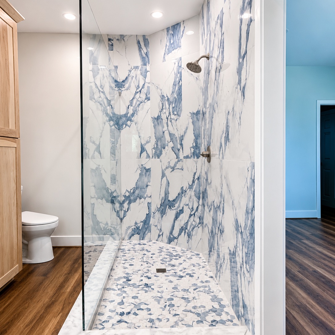 SteelCityGlass's tweet photo. Nearly 300 pounds of glass, one clean finished look.

This Front Royal, Virginia project utilized a stabilization bar system to support a large fixed panel while maintaining the open feel that makes frameless glass so popular.

#framelessglass #glassshowerdoors #customglass https://t.co/UzXgeUd9Lz
