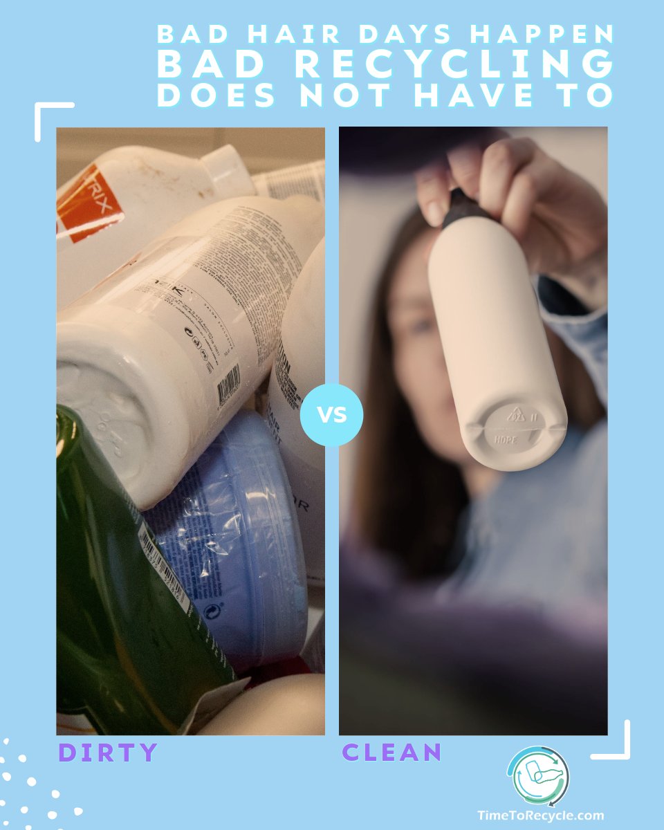 TimeToRecycle's tweet photo. Shampoo and conditioner bottles can be recycled when empty and clean. Rinse, recap, and recycle. Learn more about it at https://t.co/aj0X1VojN1

#KnowWhatToThrow #TimeToRecycle #Recycle

Alt Text: A split image featuring dirty versus clean shampoo and conditioner bottles. https://t.co/2LswQOrhnk